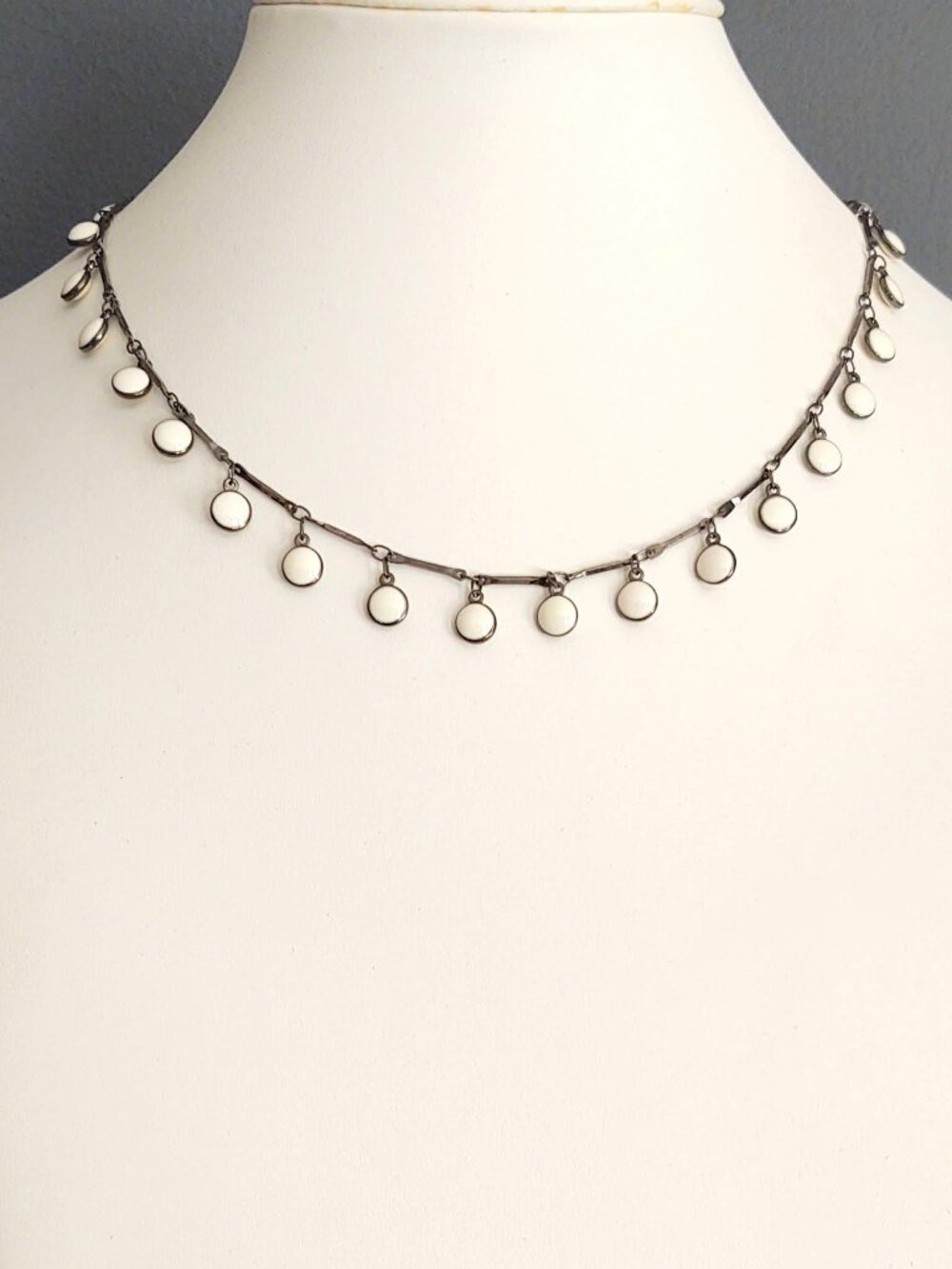 Creamy white enamel disk dangle fringe necklace